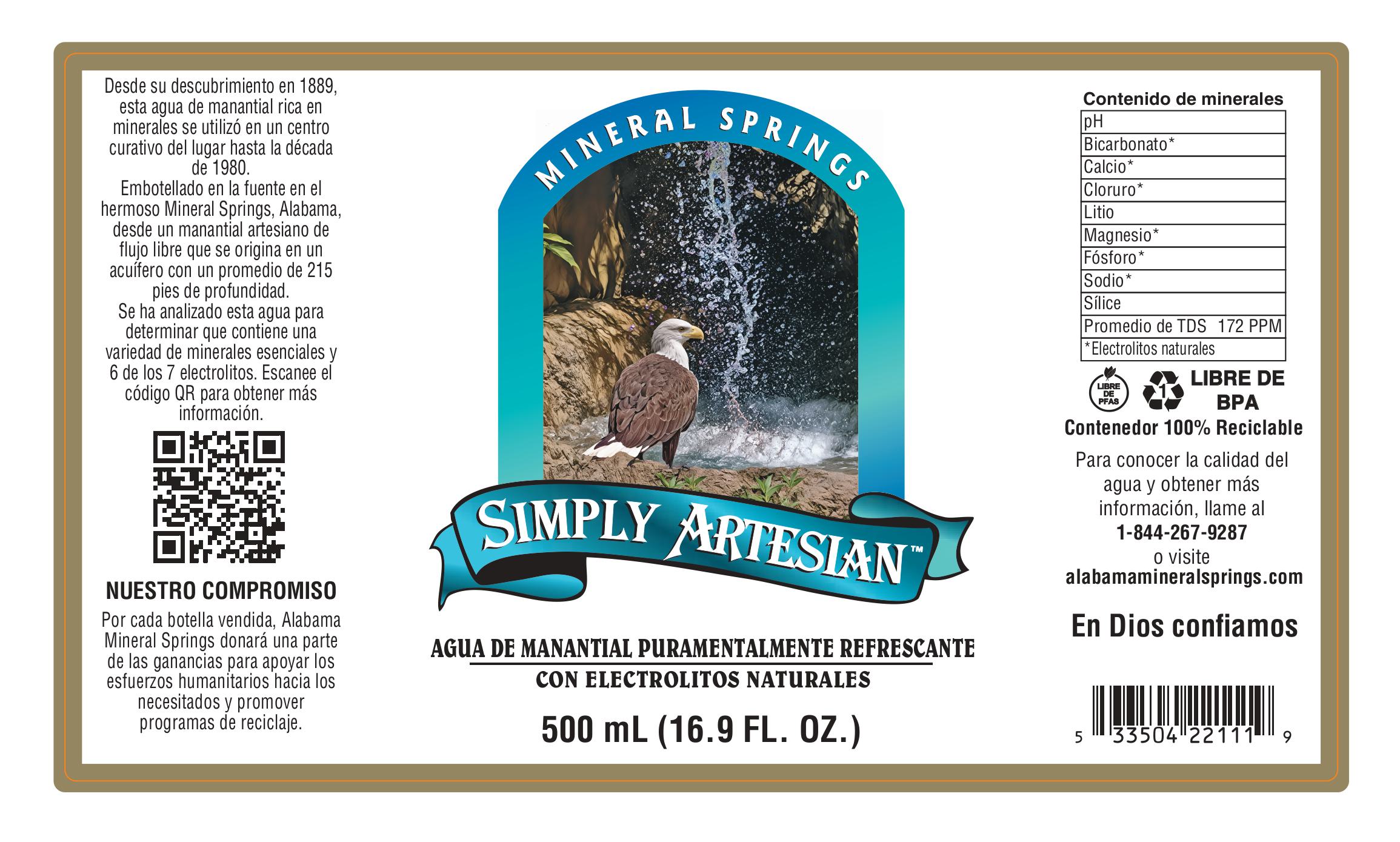 spanish label simply artesian alabama mineral springs water